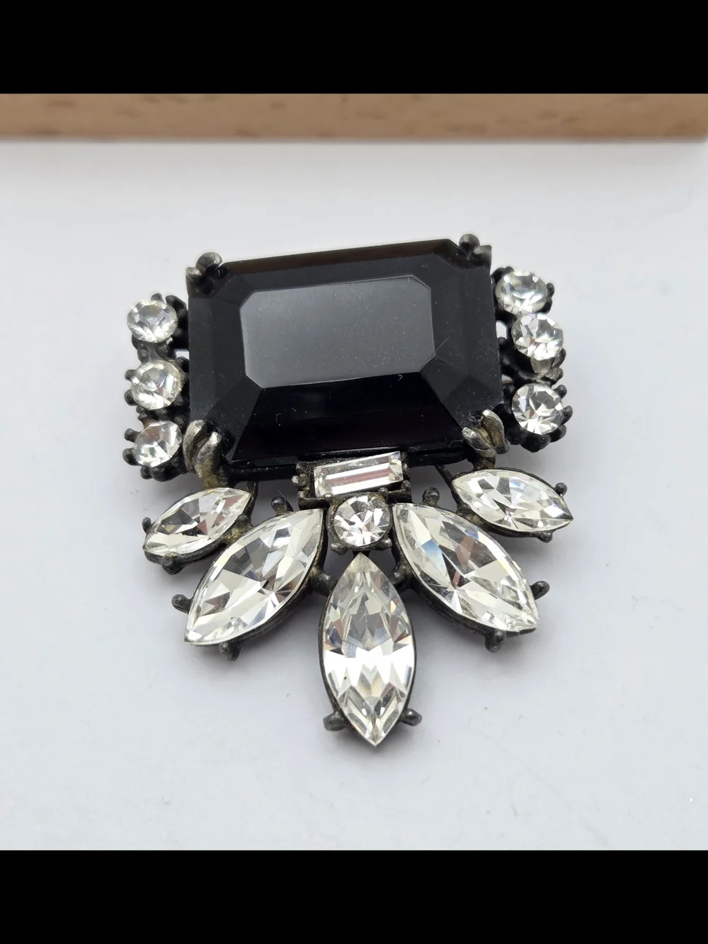 Vintage Black Glass Emerald Cut Rhinestone Brooch Pin Statement